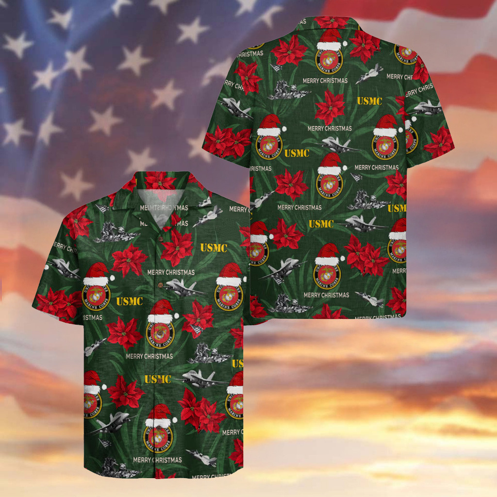 Merry Christmas USMC Hawaiian Shirt 250th Anniversary Hibiscus Aloha Shirt Military Presents