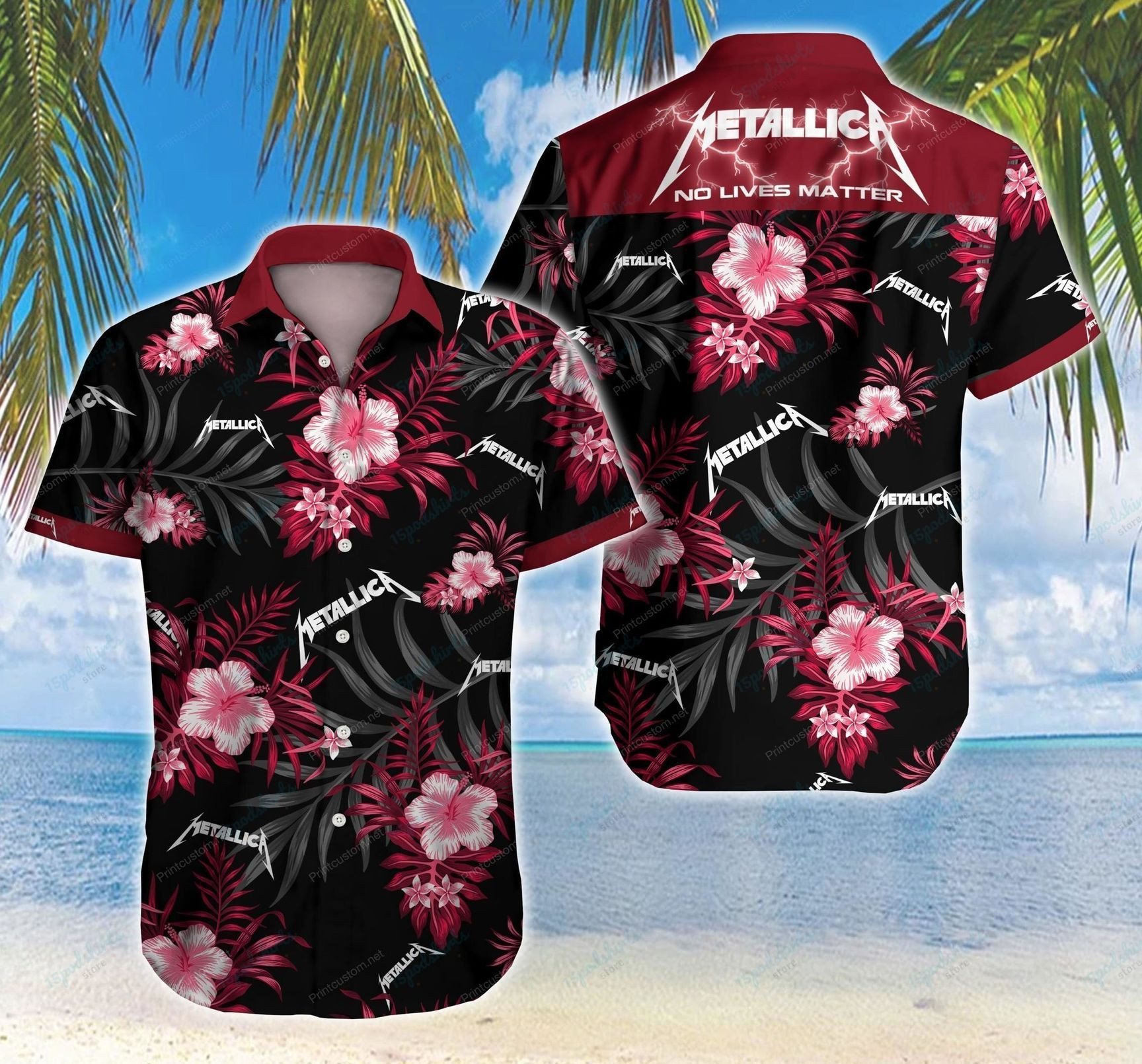 Metallica Style Hawaiian Shirt Tropical Aloha Button Up