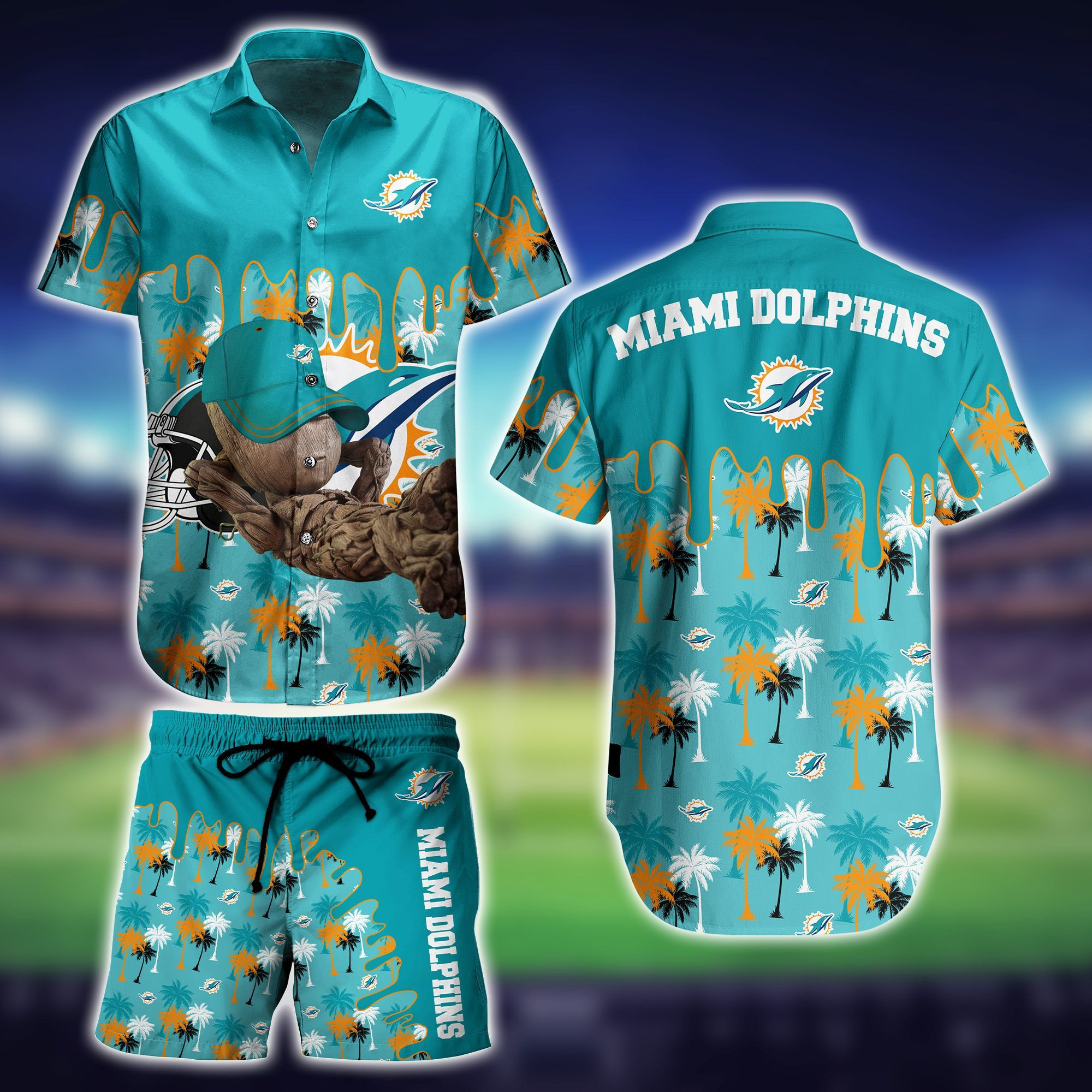 Miami Dolphins Baby Groot Hawaiian Shirt Tropical Aloha Button Up