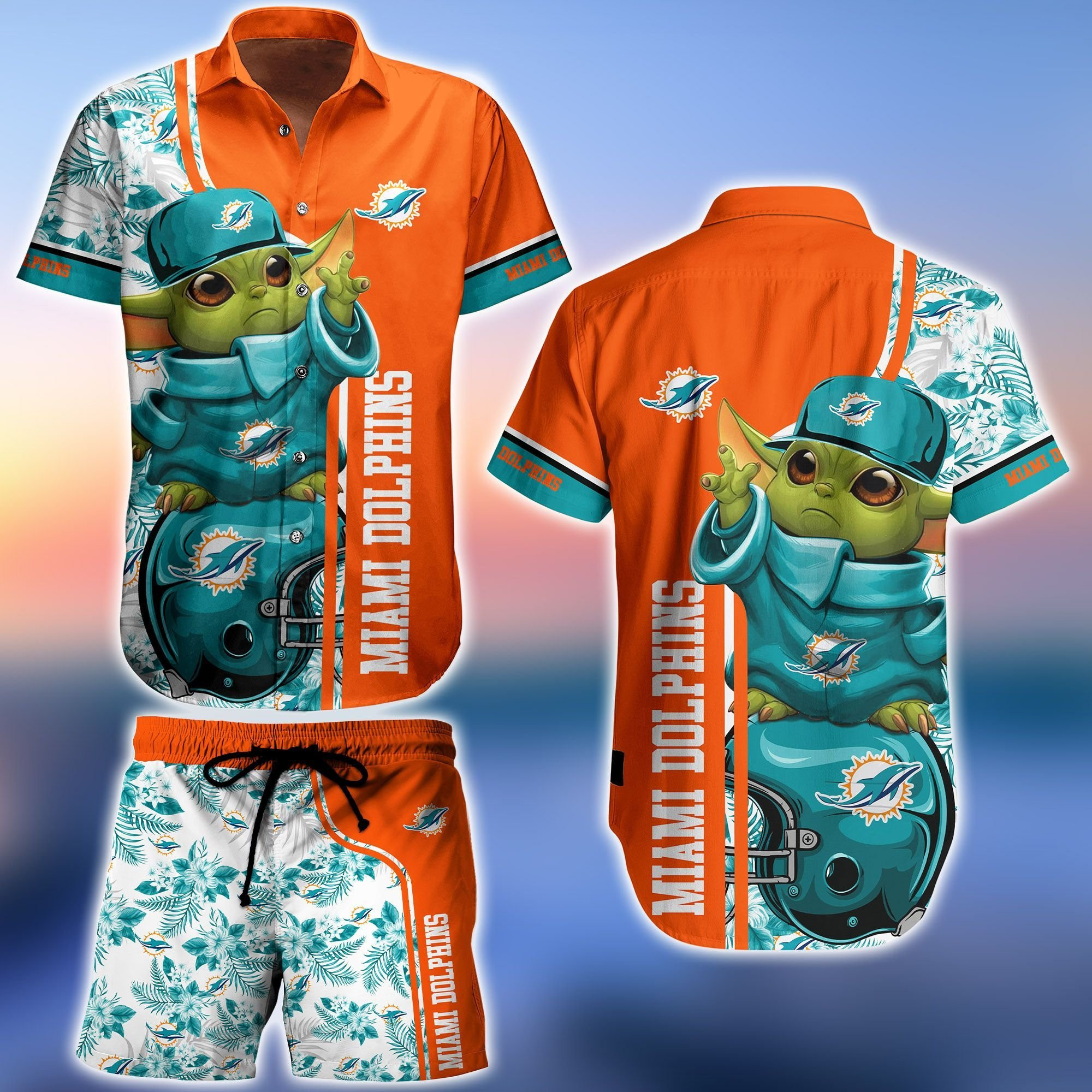 Miami Dolphins Baby Yoda Hawaiian Shirt Tropical Aloha Button Up