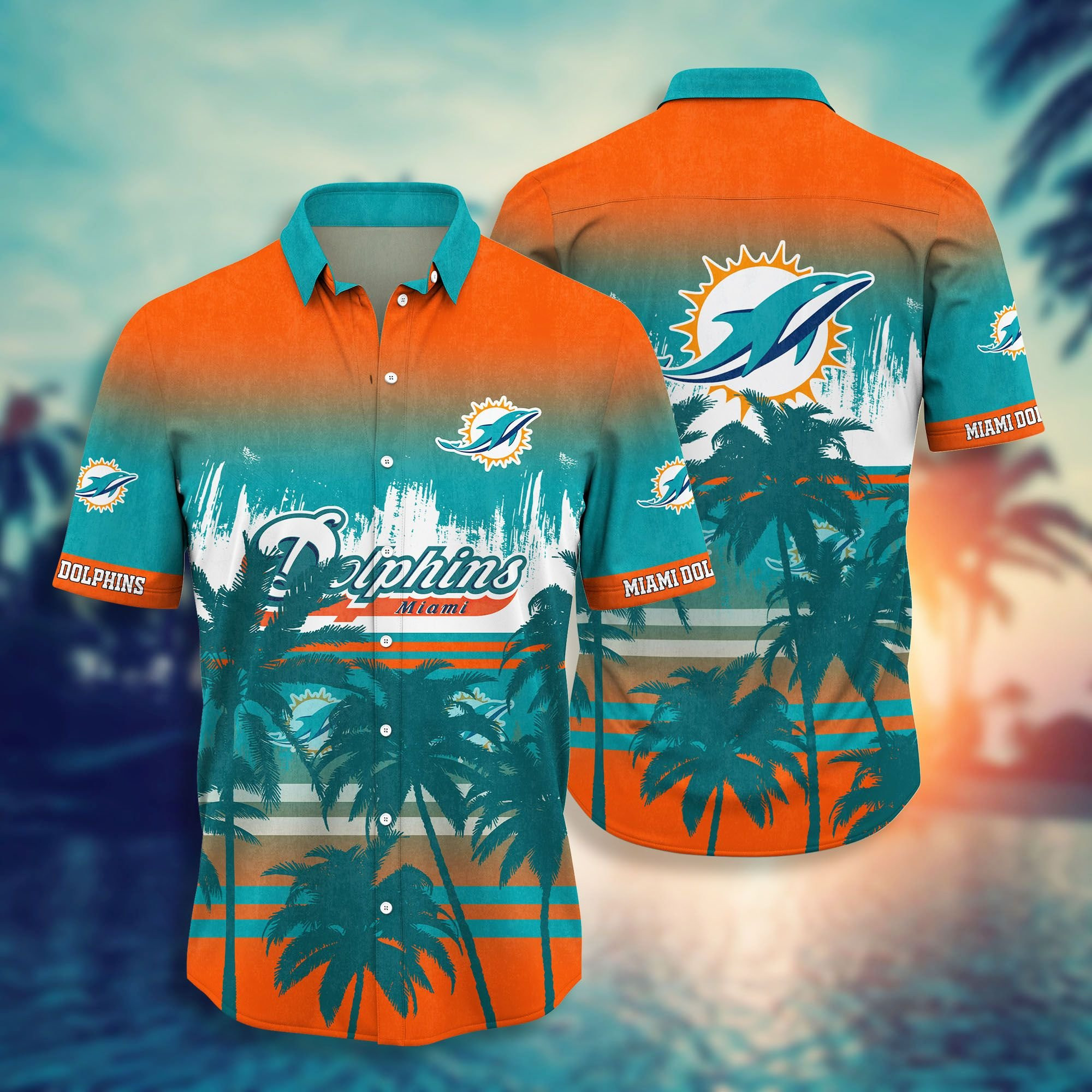 Miami Dolphins Coconut Trees Hawaiian Shirt Tropical Aloha Button Up
