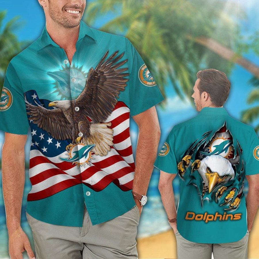 Miami Dolphins Eagles Flag American Hawaiian Shirt Tropical Aloha Button Up