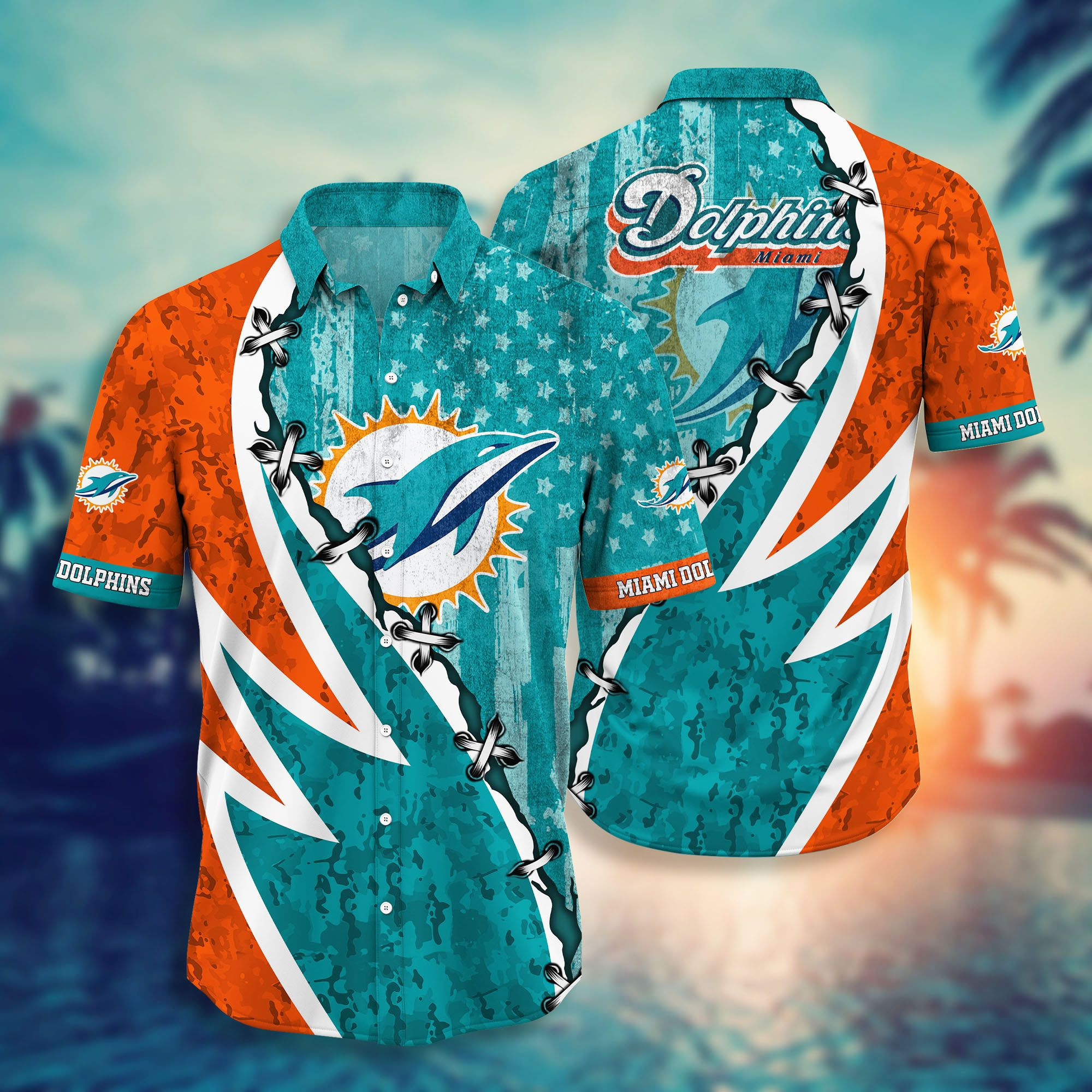 Miami Dolphins Flag American Hawaiian Shirt Tropical Aloha Button Up