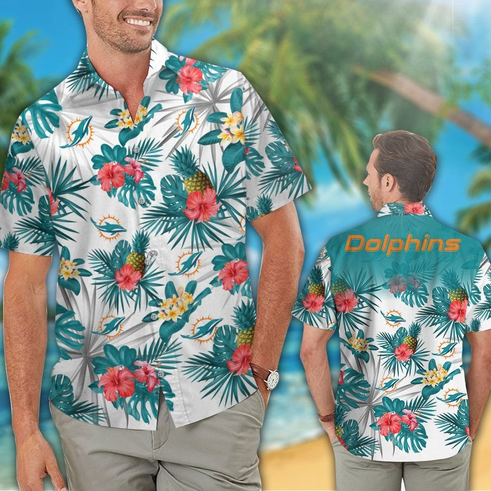 Miami Dolphins Floral And Pinneapple Tropical Hawaiian Shirt Tropical Aloha Button Up
