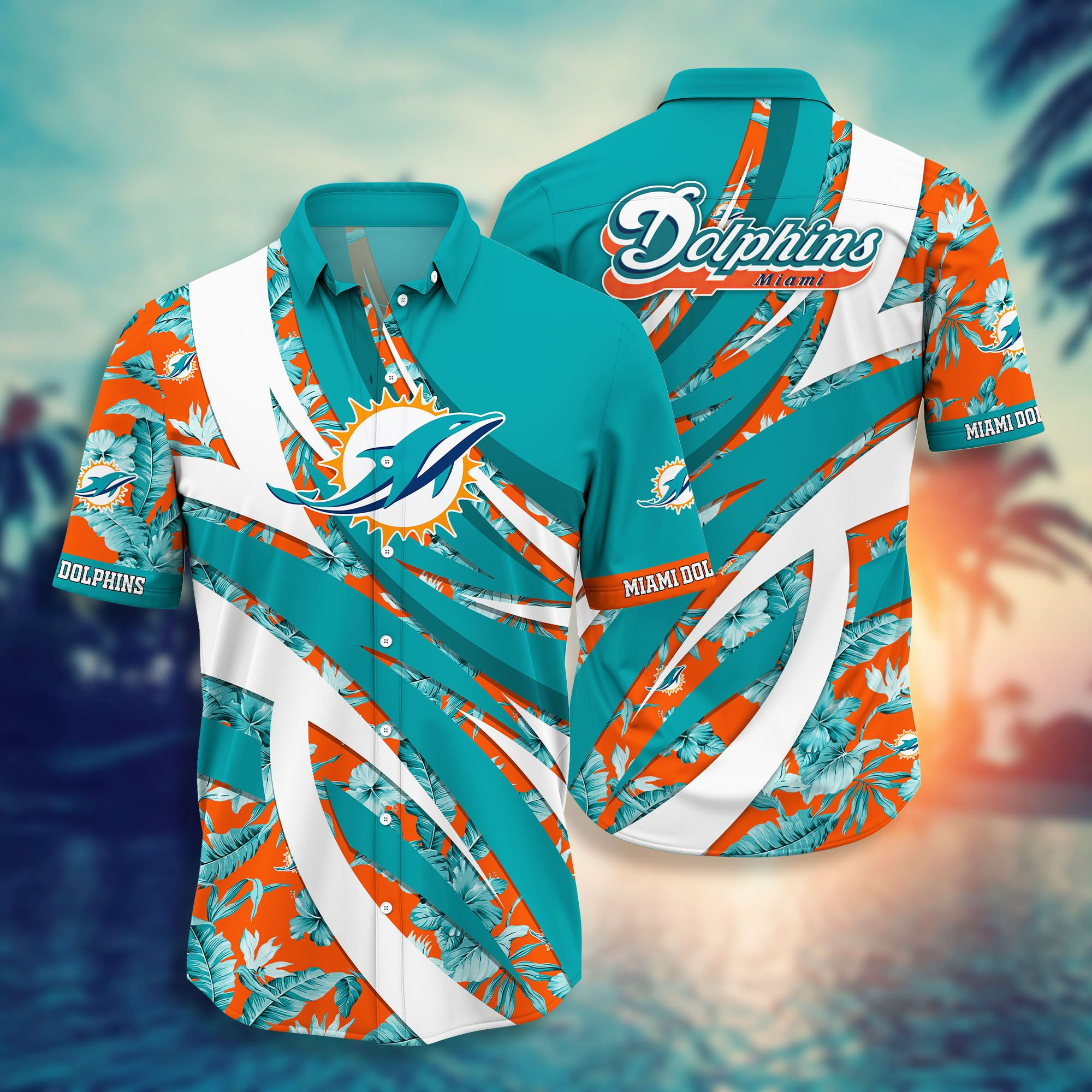 Miami Dolphins Floral Hawaiian Shirt Tropical Aloha Button Up