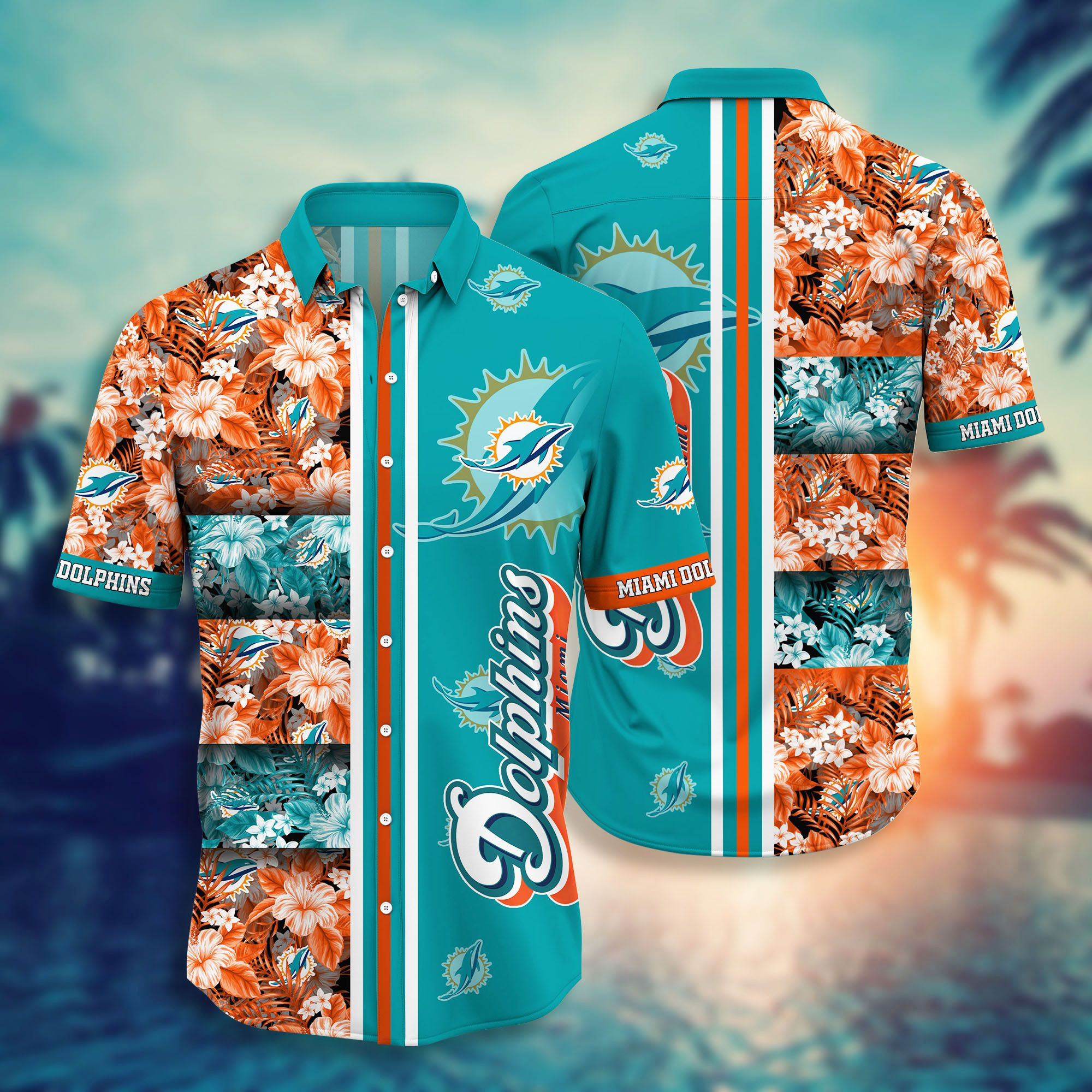 Miami Dolphins Floral Hawaiian Shirt Tropical Aloha Button Up