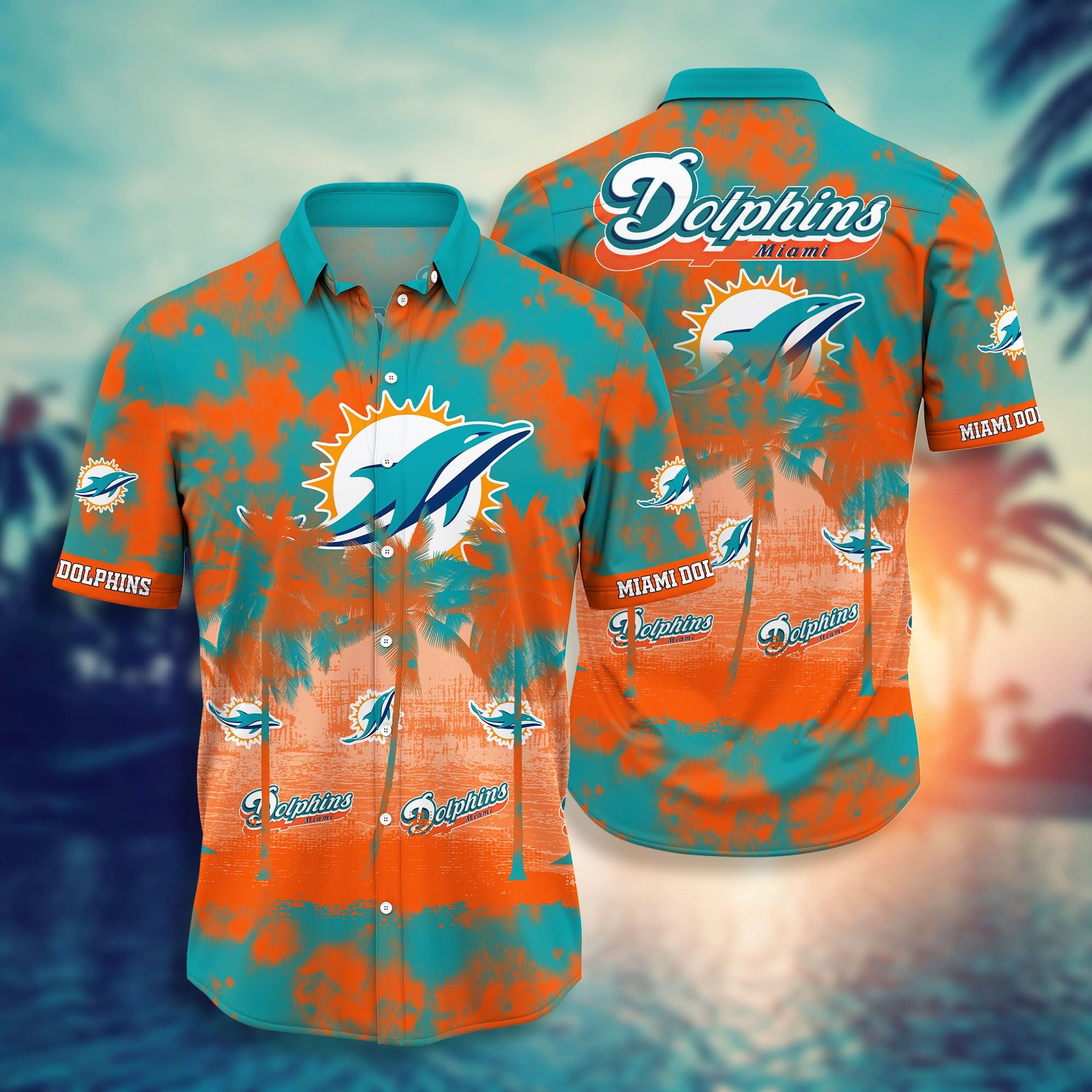 Miami Dolphins Many Logo Hawaiian Shirt Tropical Aloha Button Up