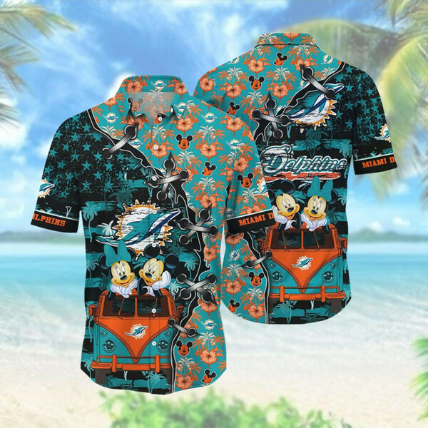 Miami Dolphins Mickey & Minnie Mouse Hawaiian Shirt Tropical Aloha Button Up