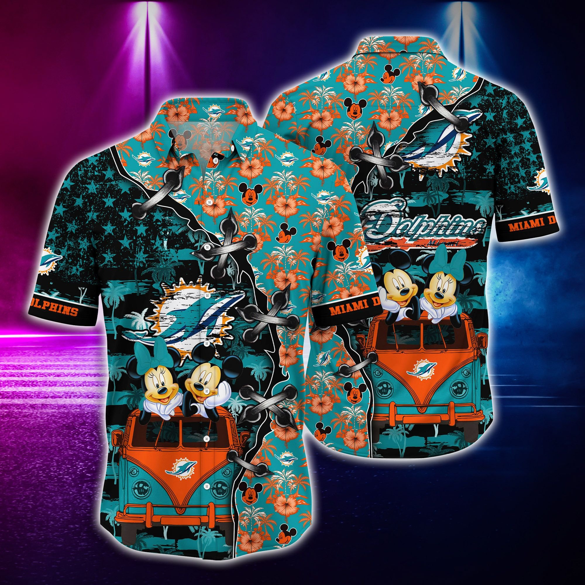 Miami Dolphins Mickey And Minnie Hawaiian Shirt Tropical Aloha Button Up