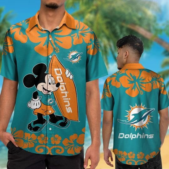 Miami Dolphins Mickey Hawaiian Shirt Tropical Aloha Button Up