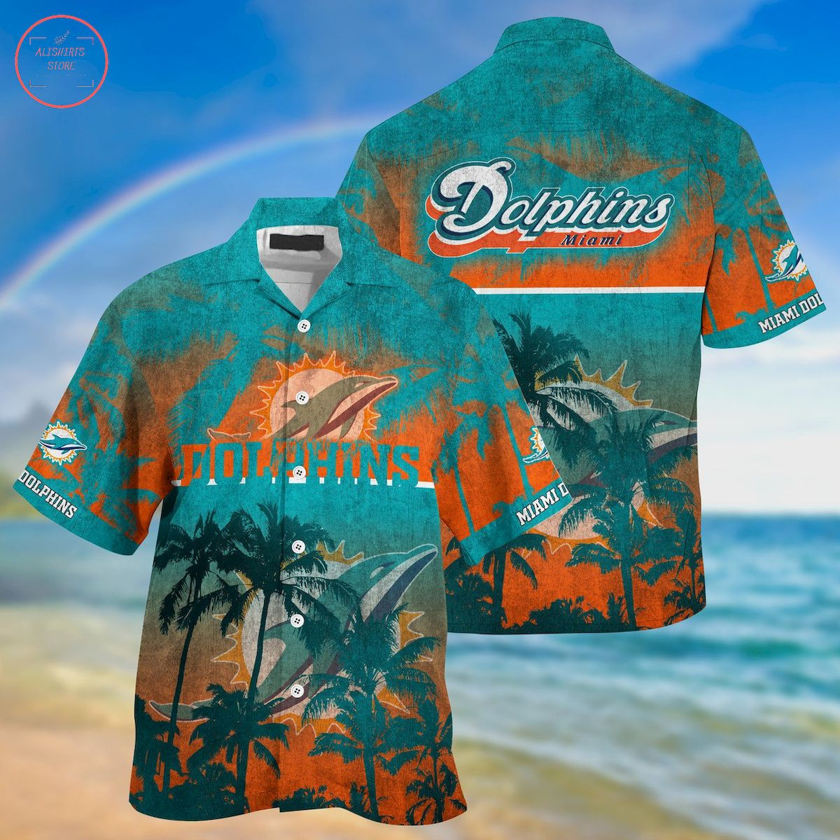Miami Dolphins Palm Hawaiian Shirt Tropical Aloha Button Up