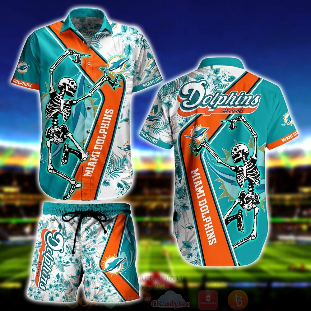 Miami Dolphins Skeleton Hawaiian Shirt Tropical Aloha Button Up