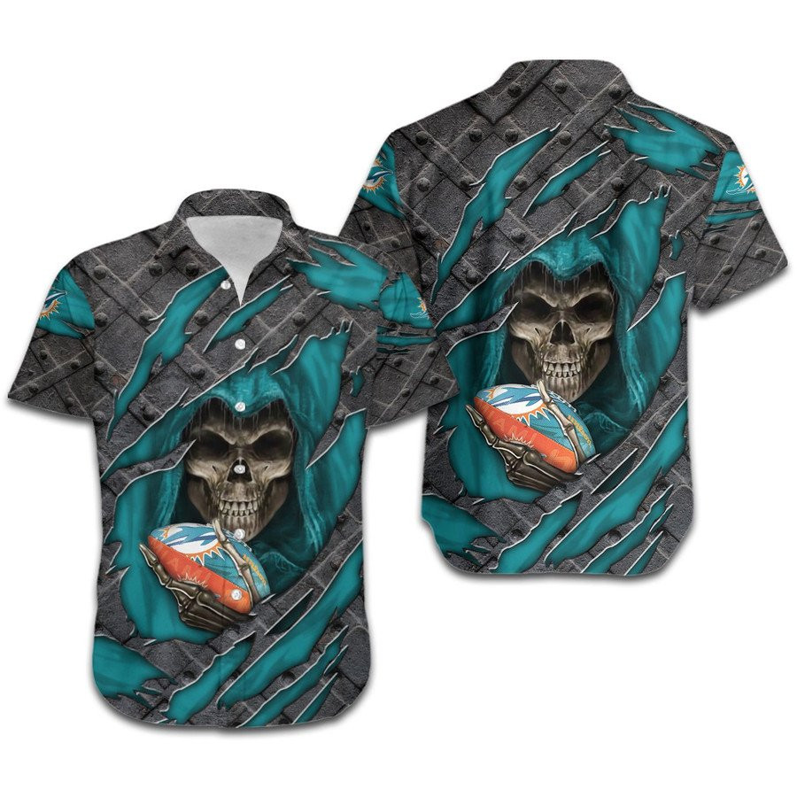 Miami Dolphins Skull Cracked Metal Hawaiian Shirt Tropical Aloha Button Up