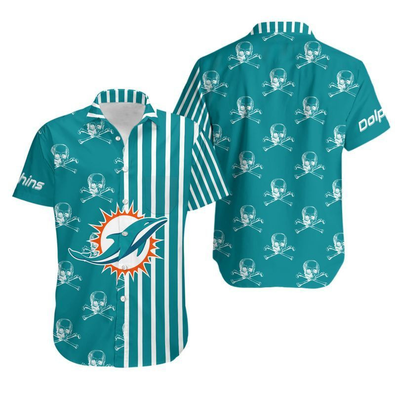 Miami Dolphins Stripes And Skull Hawaiian Shirt Tropical Aloha Button Up