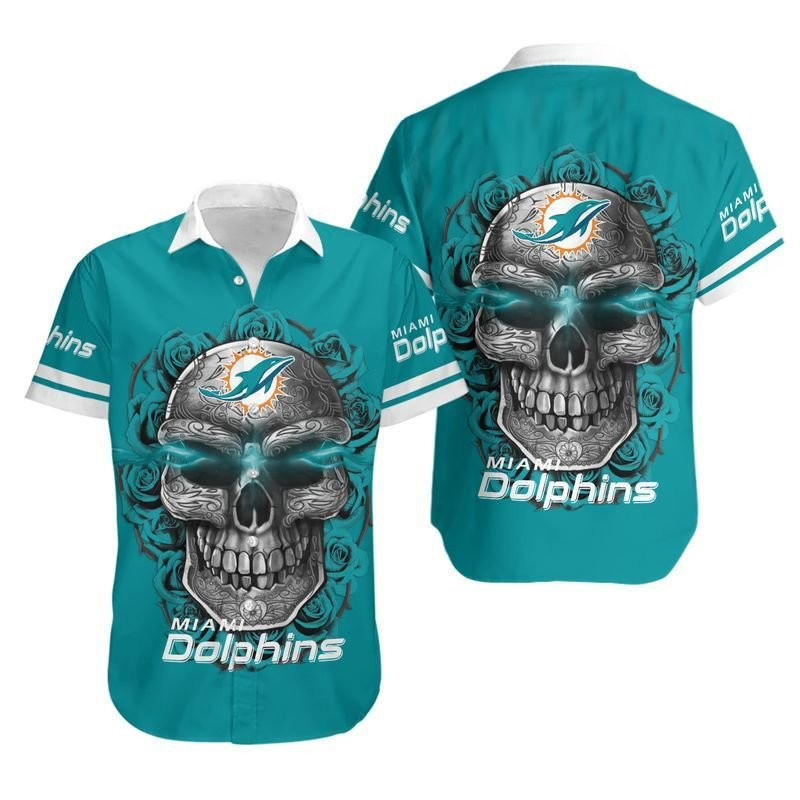 Miami Dolphins Sugar Skull Hawaiian Shirt Tropical Aloha Button Up