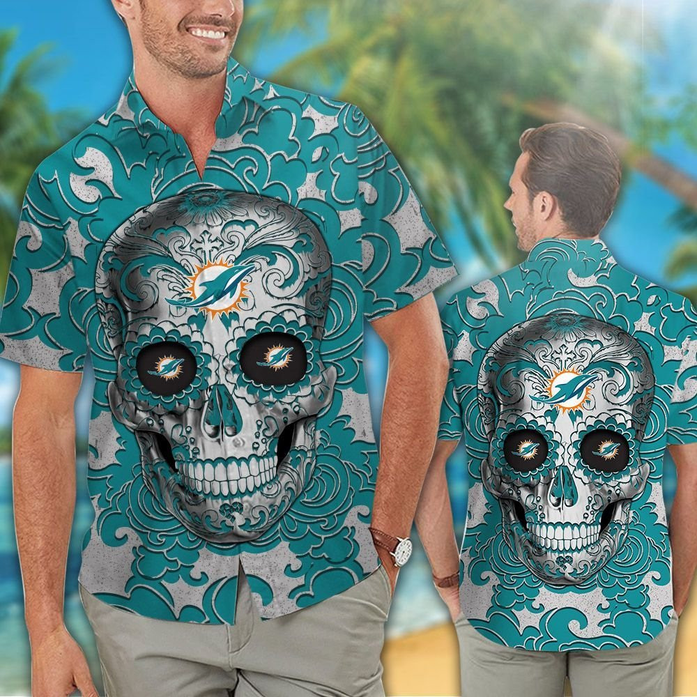 Miami Dolphins Sugarskull Tropical Hawaiian Shirt Tropical Aloha Button Up