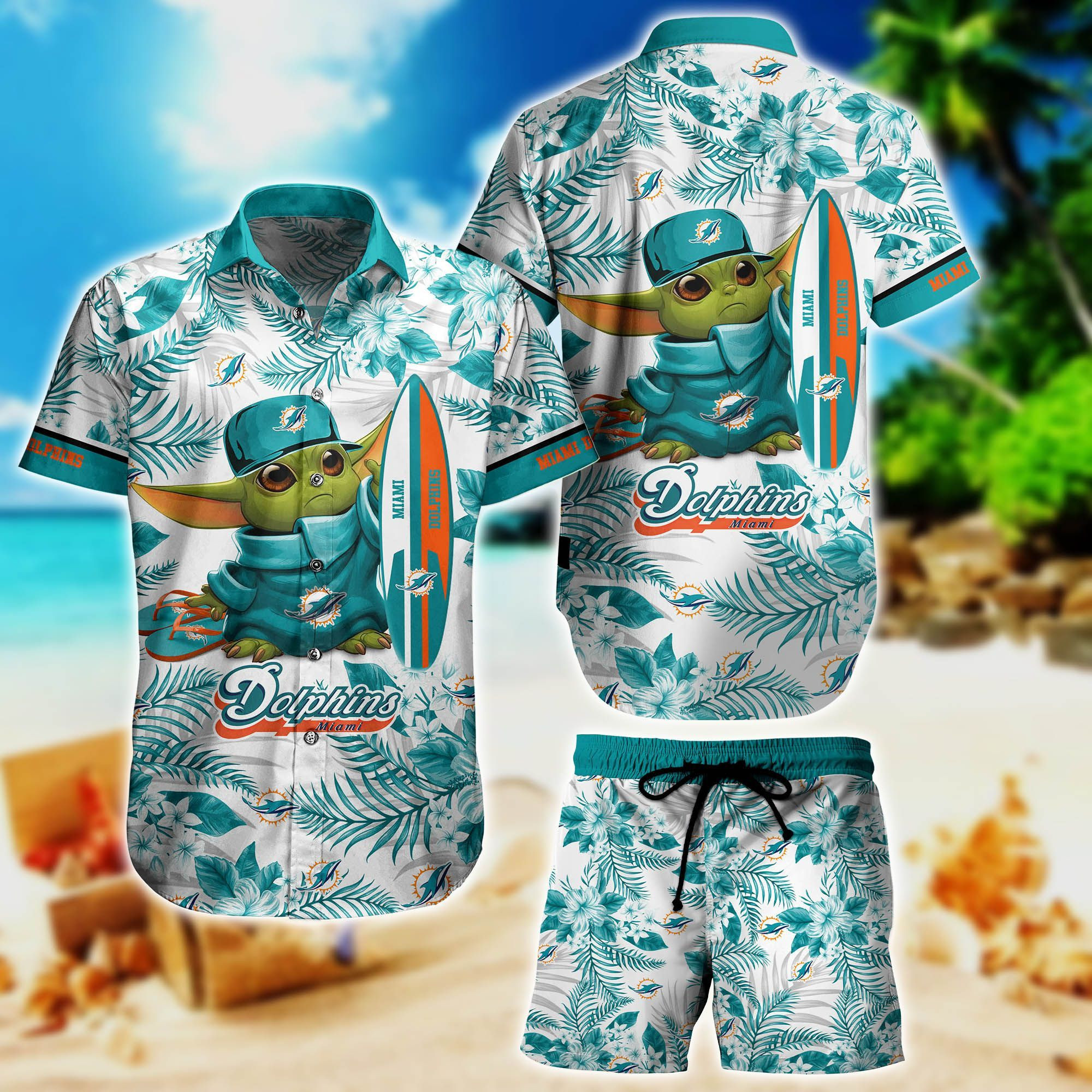 Miami Dolphins Summer Yoda Surfboard Hawaiian Shirt Tropical Aloha Button Up