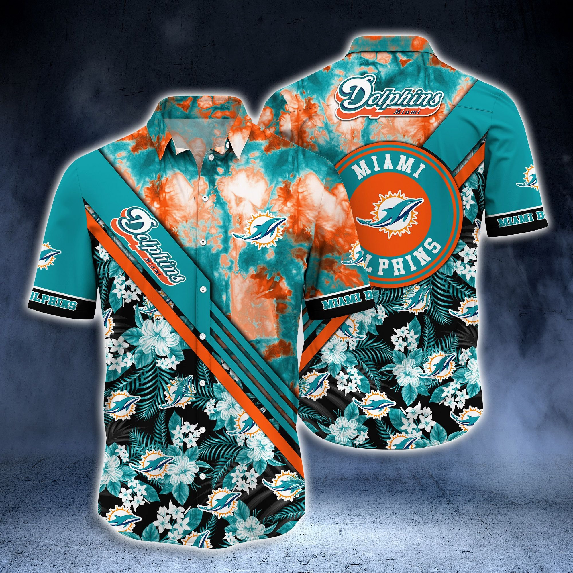 Miami Dolphins Tropical Flower Hawaiian Shirt Tropical Aloha Button Up