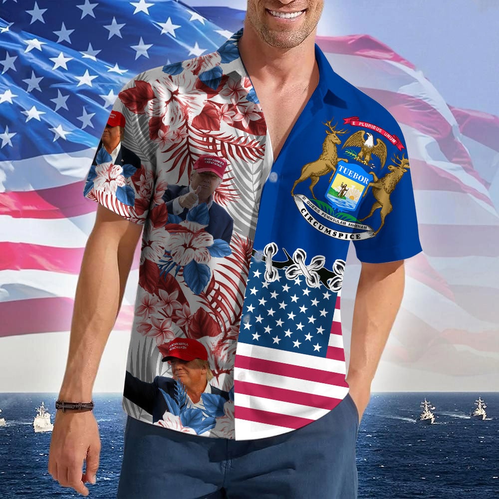 Michigan For Trump 2024 Hawaiian Shirt Trump For President Summer Short Sleeve Button Up Shirts