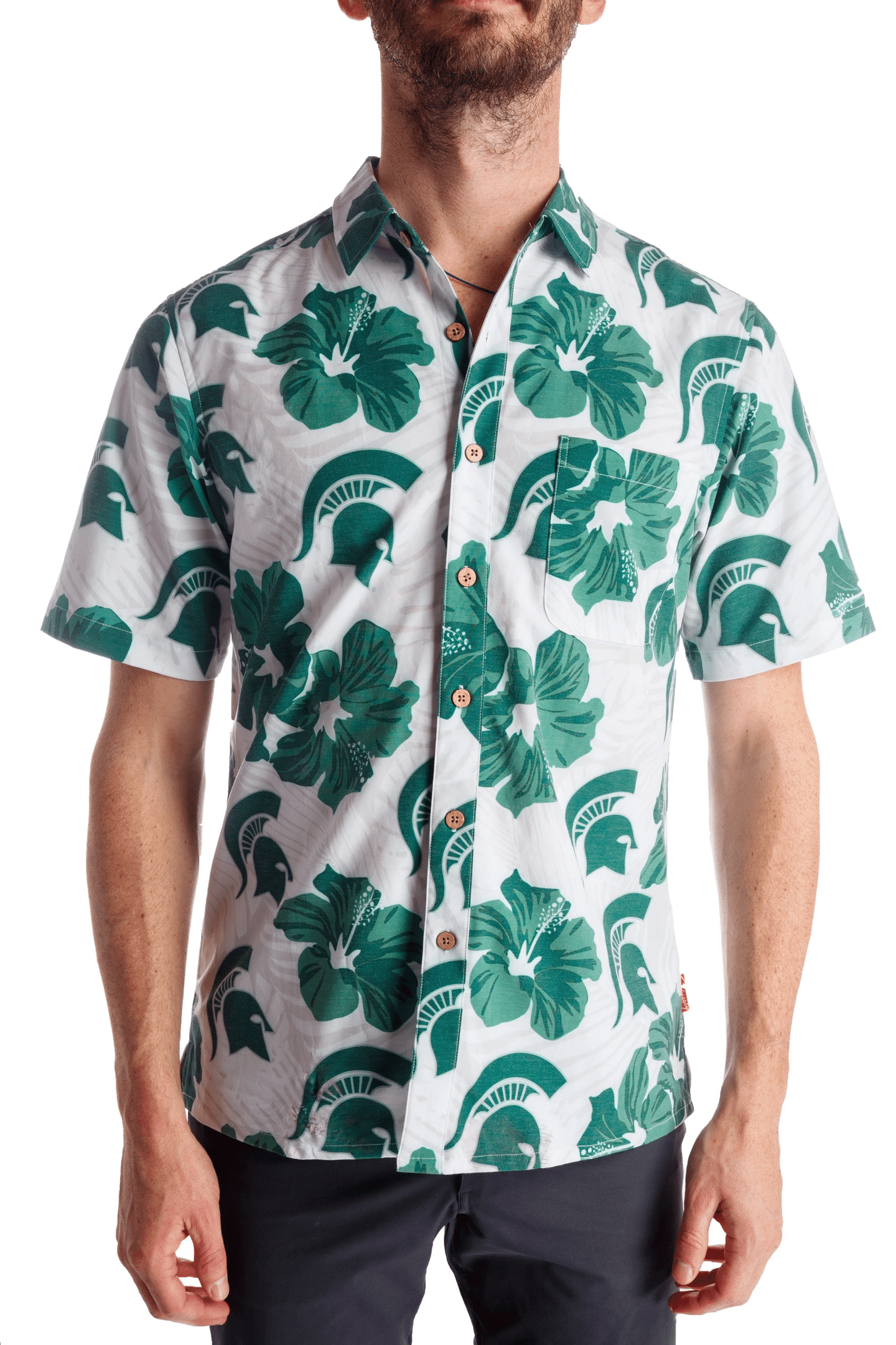 Michigan Sate Spartans Ncaa Hibiscus Mens Hawaiian Shirt Tropical Aloha Button Up