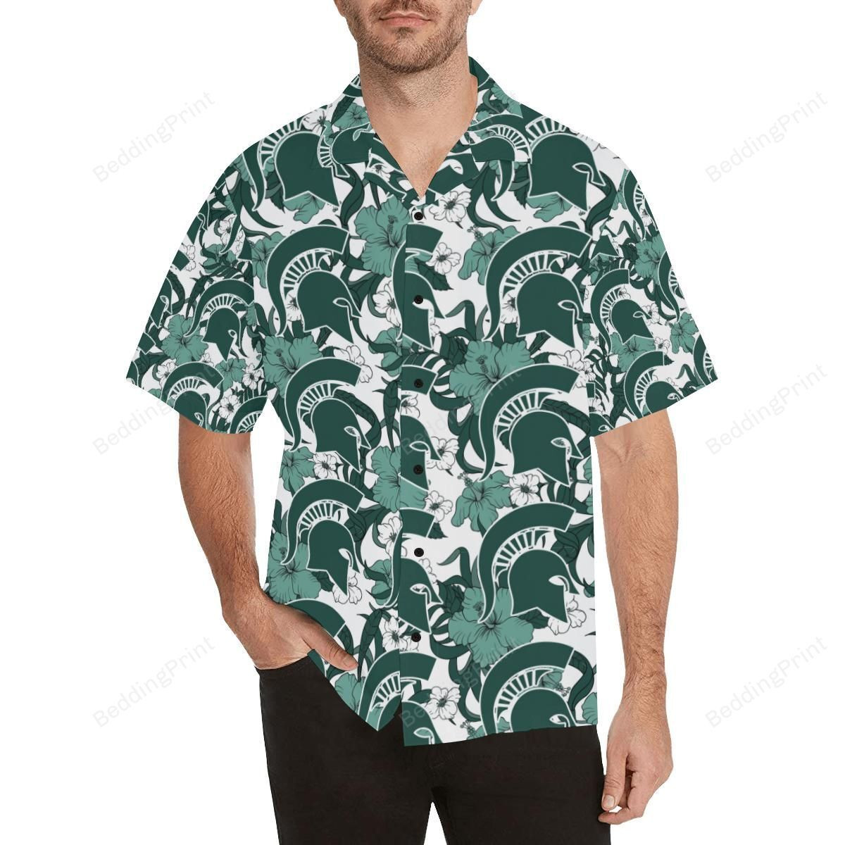 Michigan State Spartans Hibiscus Pattern Hawaiian Shirt Tropical Aloha Button Up