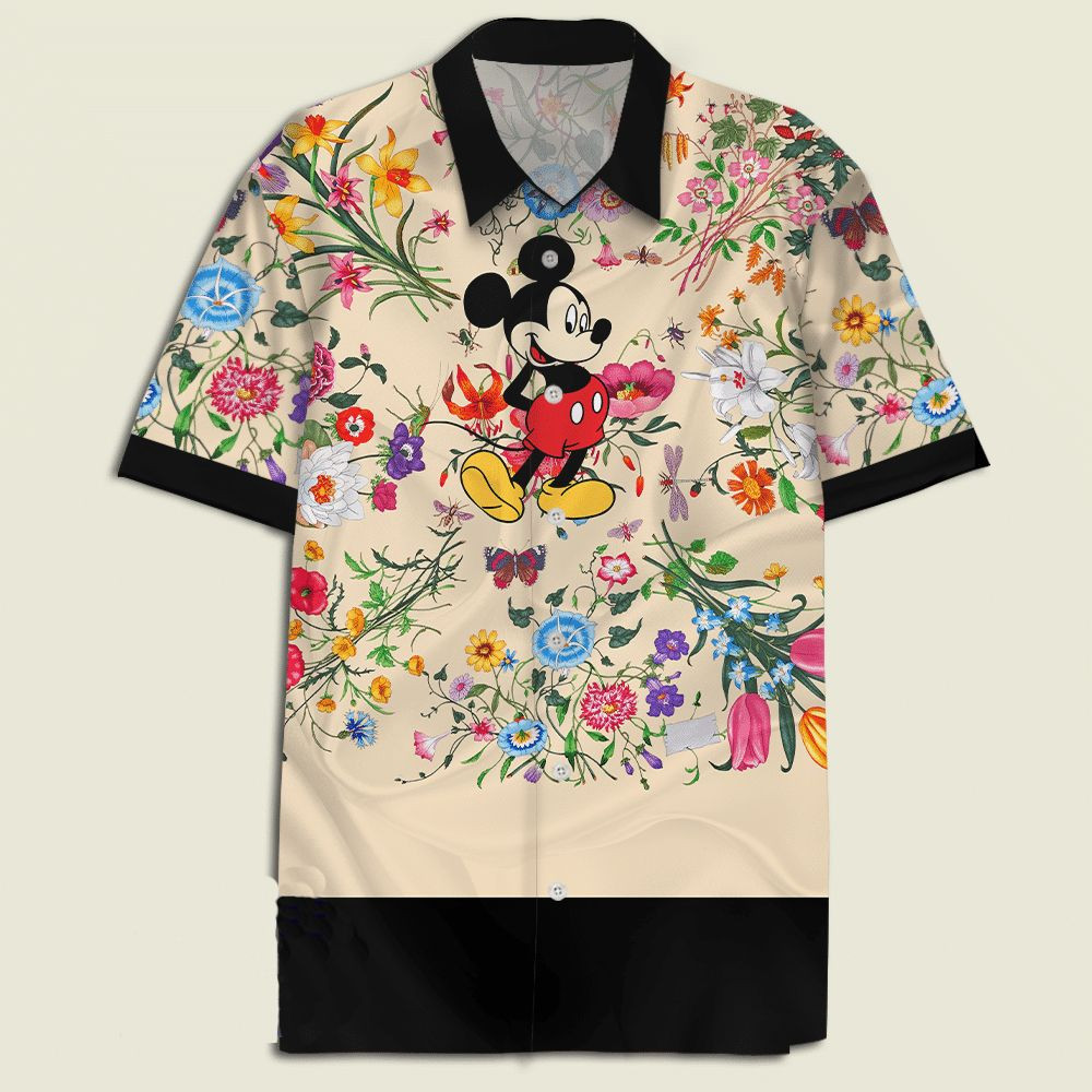 Mickey Mouse With Flora Hawaiian Shirt Tropical Aloha Button Up