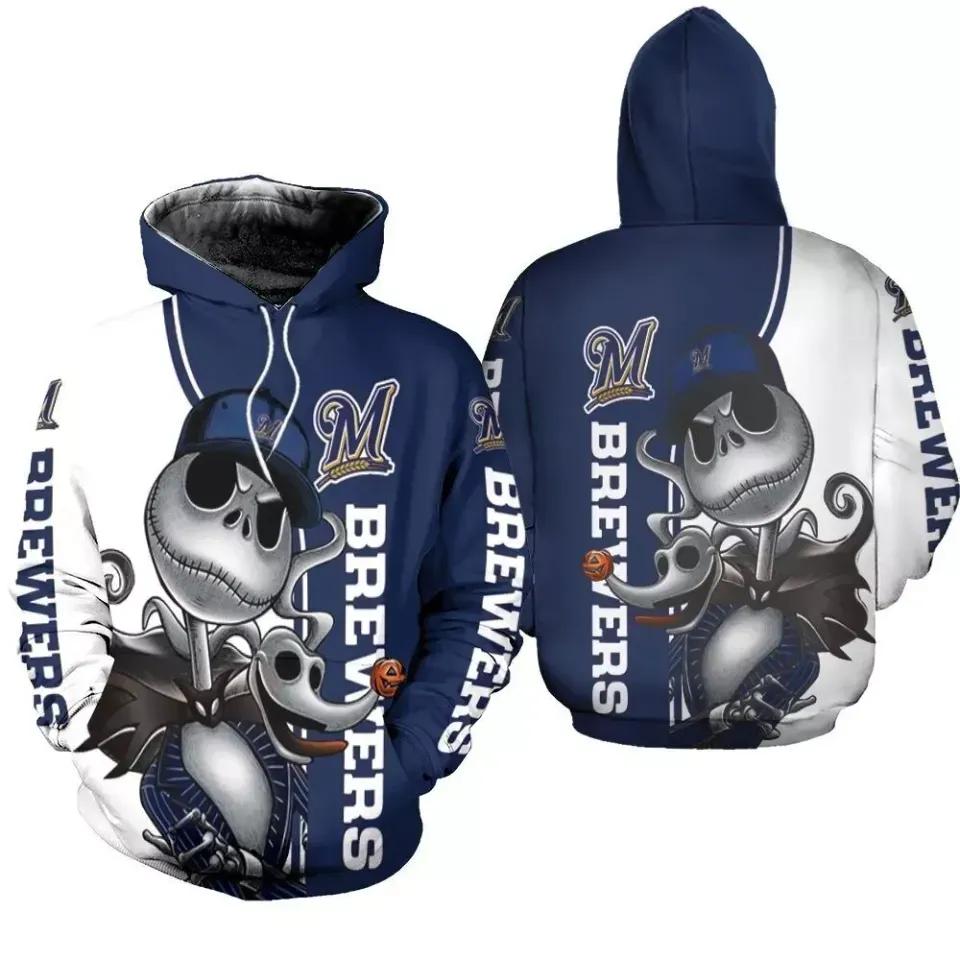Milwaukee Baseball Team Jack Skellington And Zero 3D MLB All Over Print Hoodie