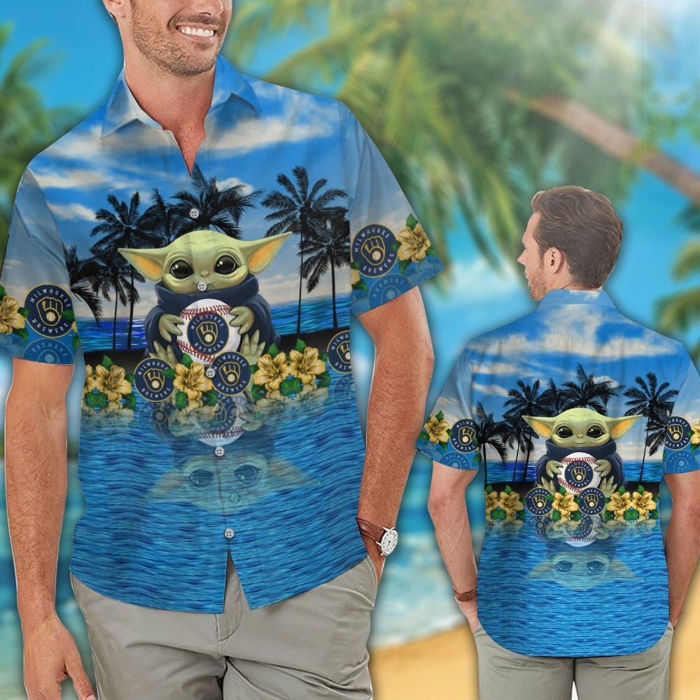 Milwaukee Brewers Baby Yoda Hawaiian Shirt Tropical Aloha Button Up