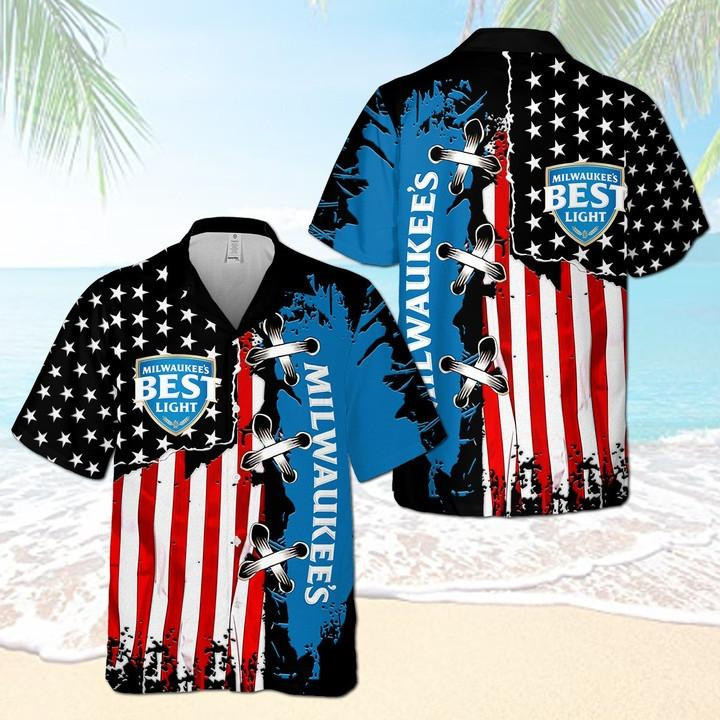 Milwaukees Best Light American Flag Hawaiian Shirt Tropical Aloha Button Up