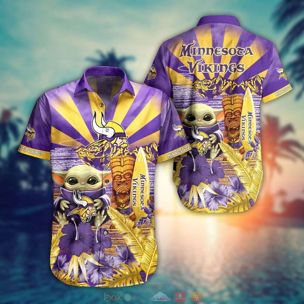 Minnesota Vikings Baby Yoda Hawaiian Shirt Tropical Aloha Button Up