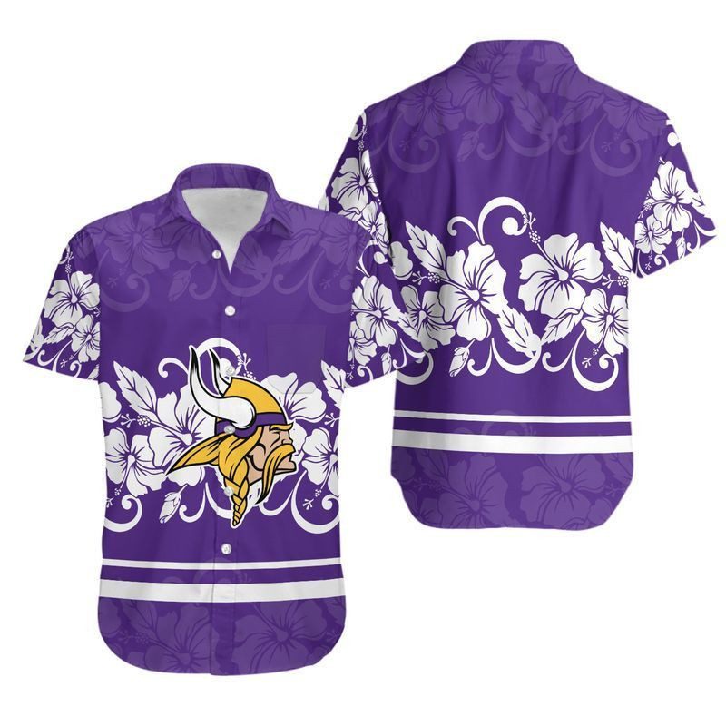 Minnesota Vikings Hibiscus Flowers Hawaiian Shirt Tropical Aloha Button Up