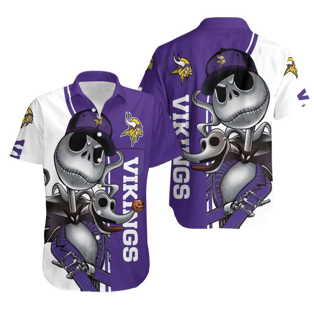 Minnesota Vikings Jack Skellington And Zero Hawaiian Shirt Tropical Aloha Button Up