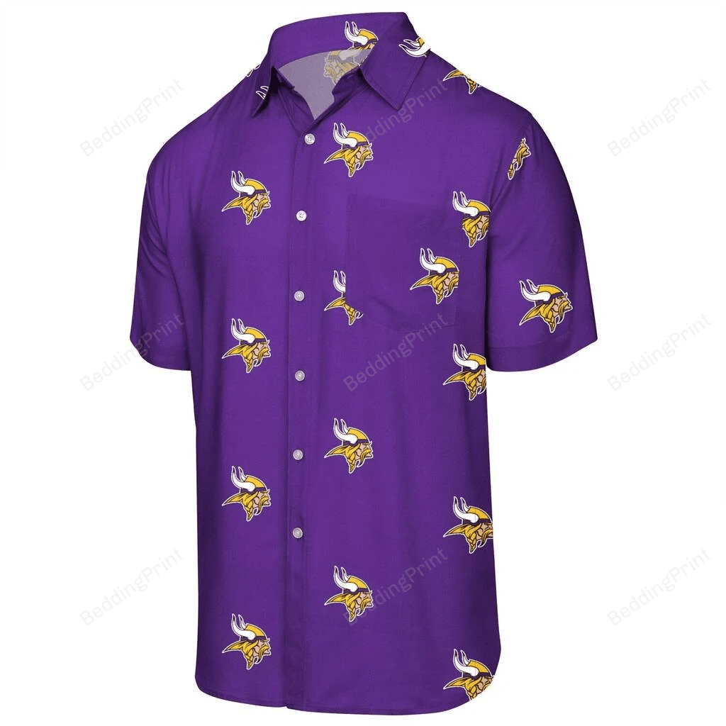 Minnesota Vikings Mini Print Logo Purple Hawaiian Shirt Tropical Aloha Button Up