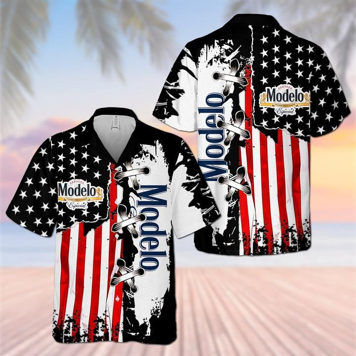 Modelo Especial American Flag Hawaiian Shirt Tropical Aloha Button Up