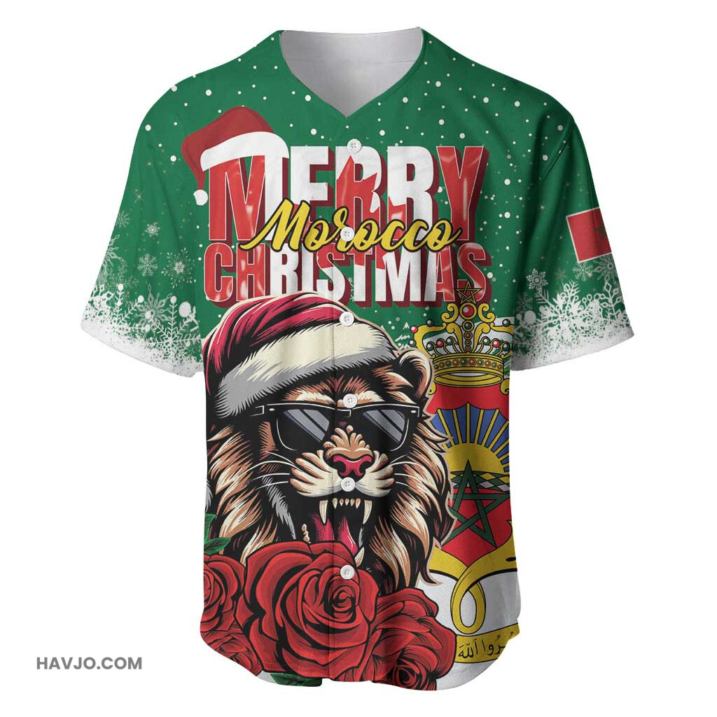 Morocco Christmas Santa Lion With Rose Xmas Vibe Baseball Jersey