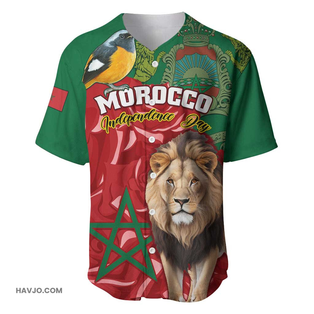 Morocco Independence Day with Barbary Lion and Moussier's Redstart Baseball Jersey