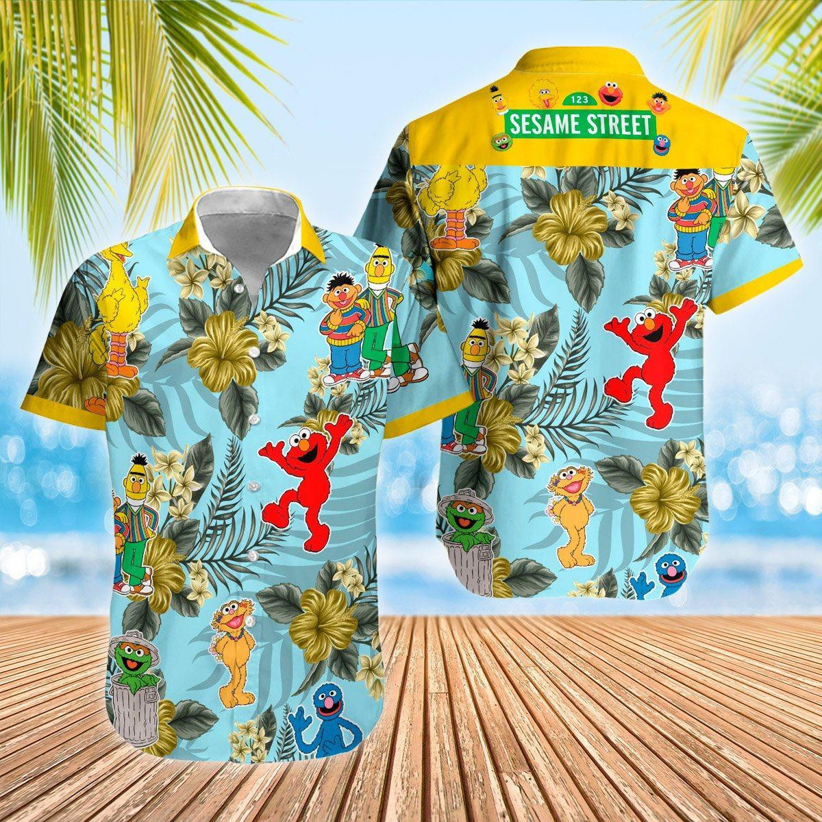Muppets Ernie Elmo Cartoon Tv Series Movie Hawaiian Shirt Tropical Aloha Button Up