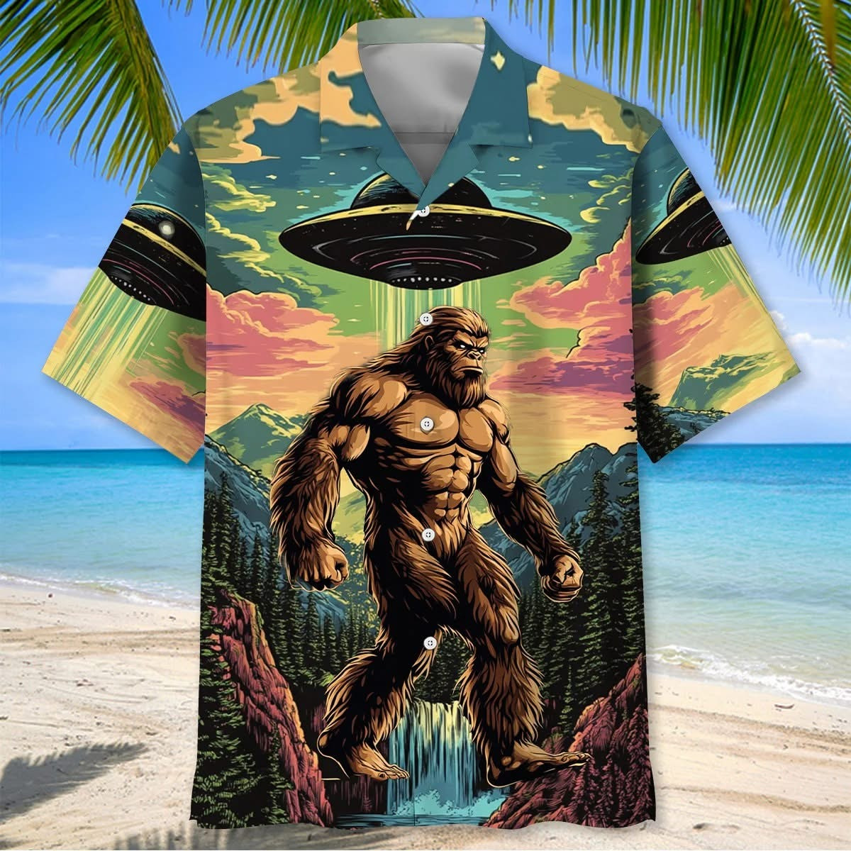 Muscle Bigfoot Hiking UFO Hawaiian Shirt Sasquatch Aloha Shirt Gifts For Bigfoot Lovers