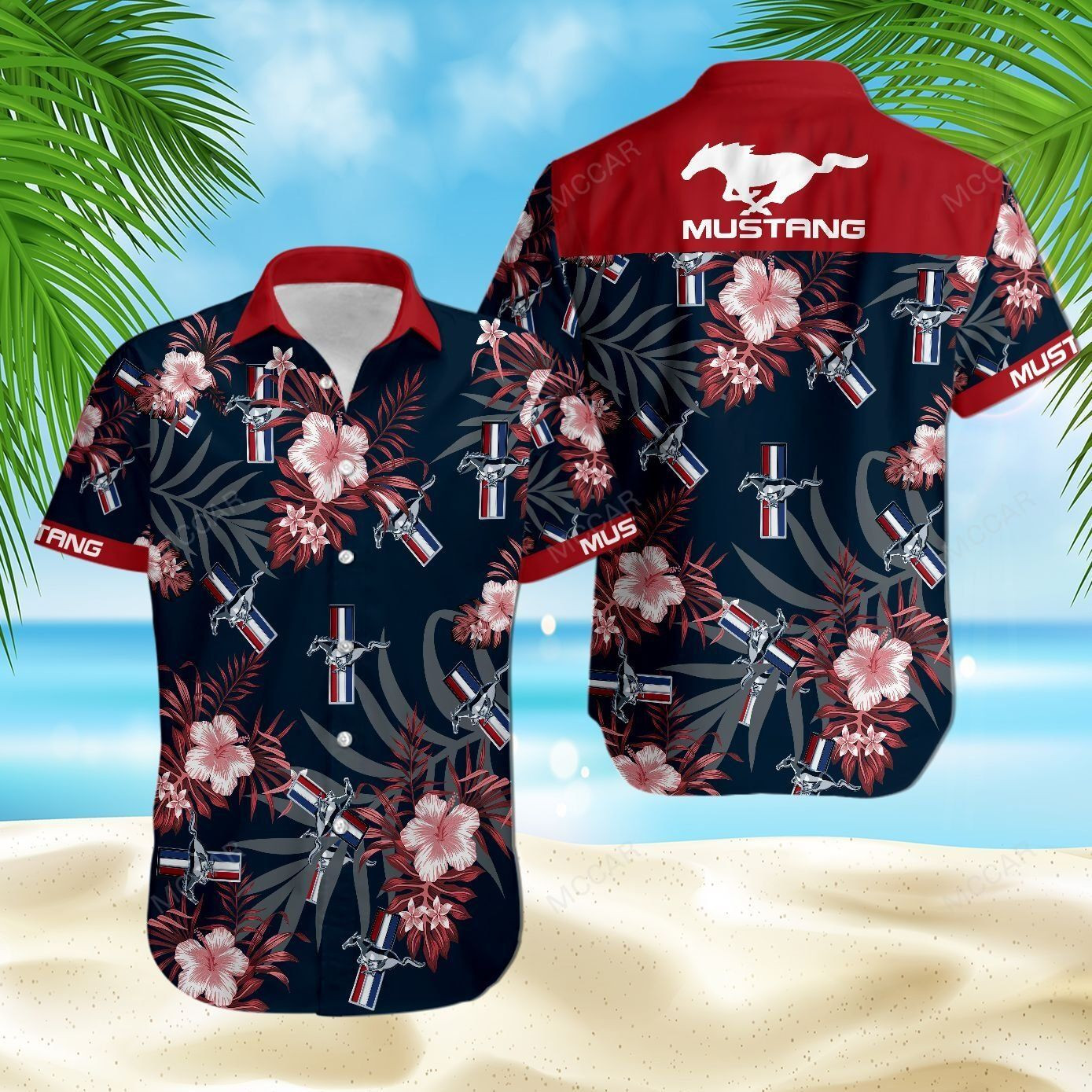 Mustang Floral Hawaiian Shirt Tropical Aloha Button Up