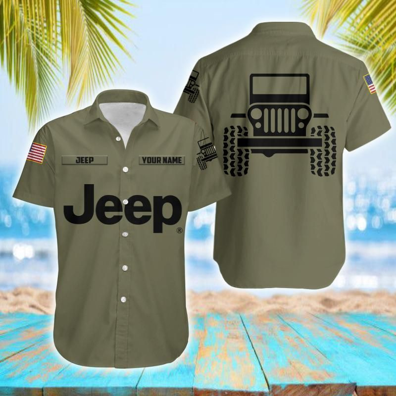 Name Simple Jeep Olive Unisex Hawaiian Shirt Tropical Aloha Button Up