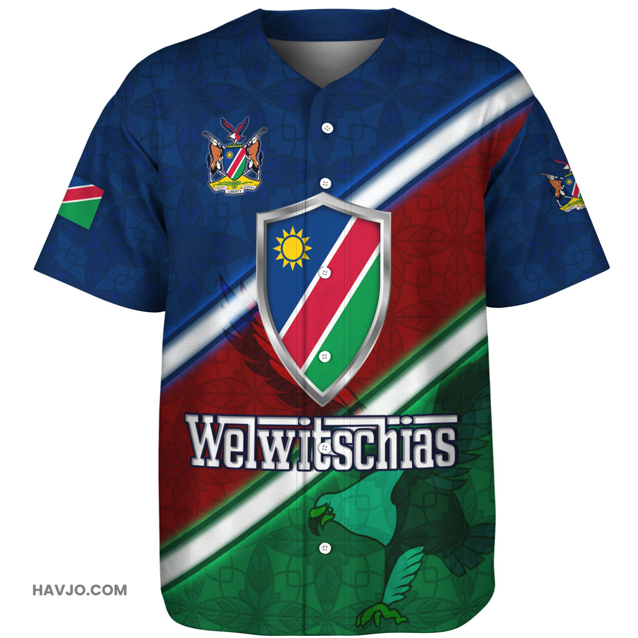 Namibia African Fish Eagle Mascot With Flag Color Style Baseball Jersey