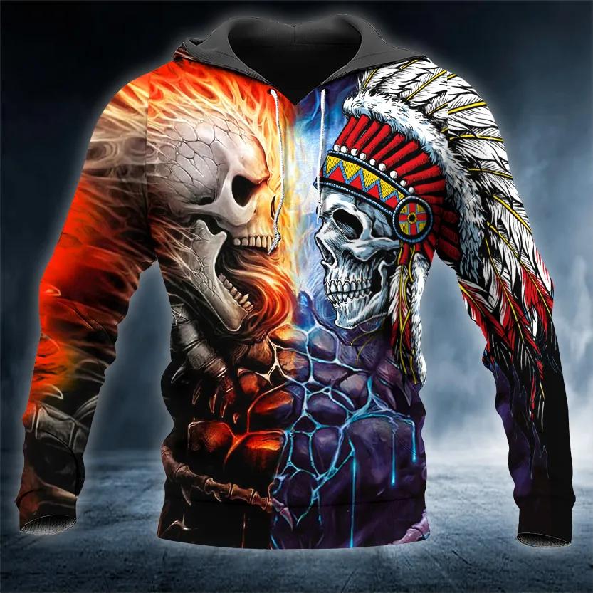 Native American Warrior vs Lava Fire Skull 3D All Over Print Hoodie