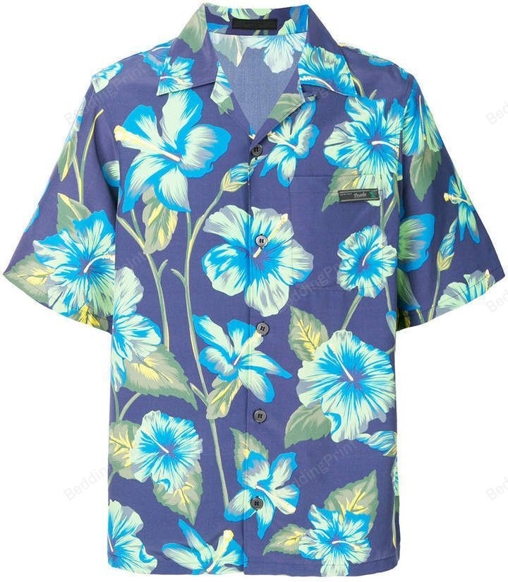 Navy Blue Floral Hawaiian Shirt Tropical Aloha Button Up