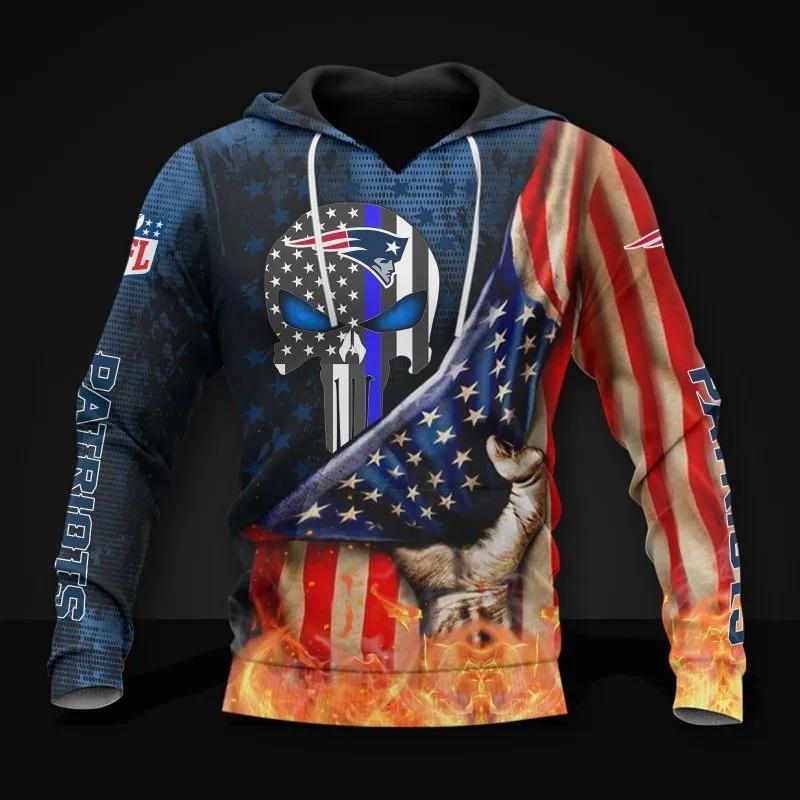 New England Patriots Skull American Flag NFL 3D All Over Print Hoodie