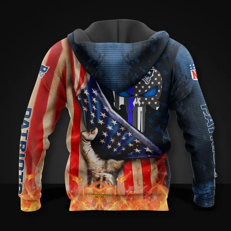 Alternative view of New England Patriots Skull American Flag NFL 3D All Over Print Hoodie