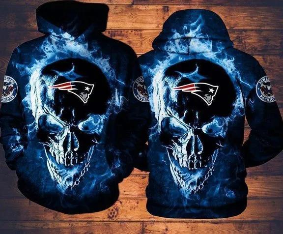 New England Patriots Skull Fire NFL 3D All Over Print Hoodie