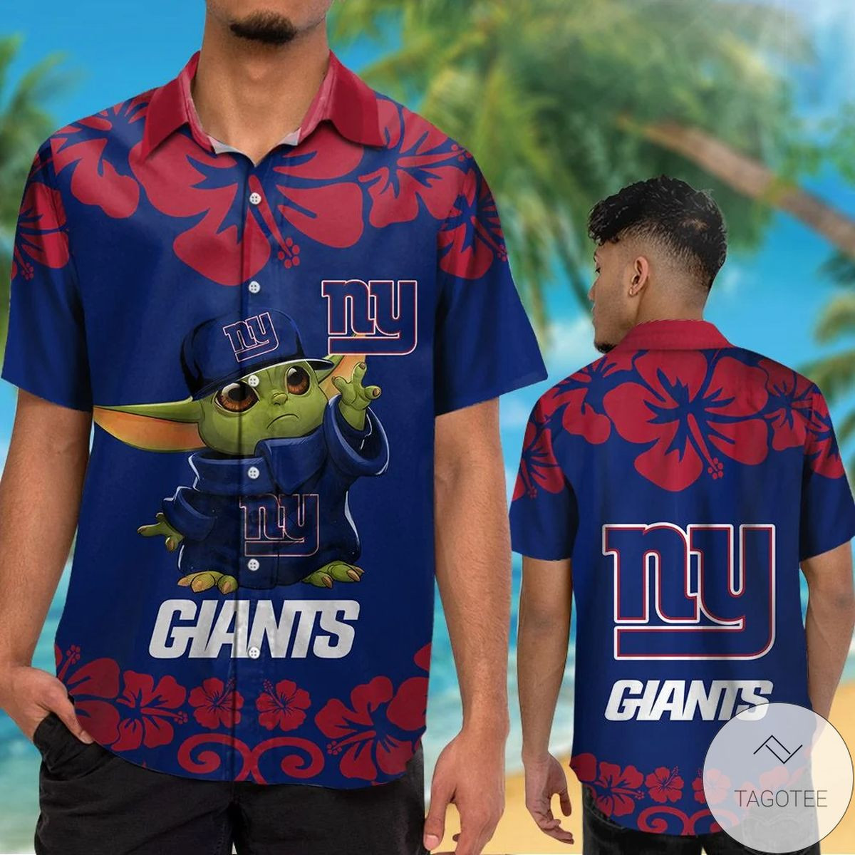 New York Giants Baby Yoda Hawaiian Shirt Tropical Aloha Button Up