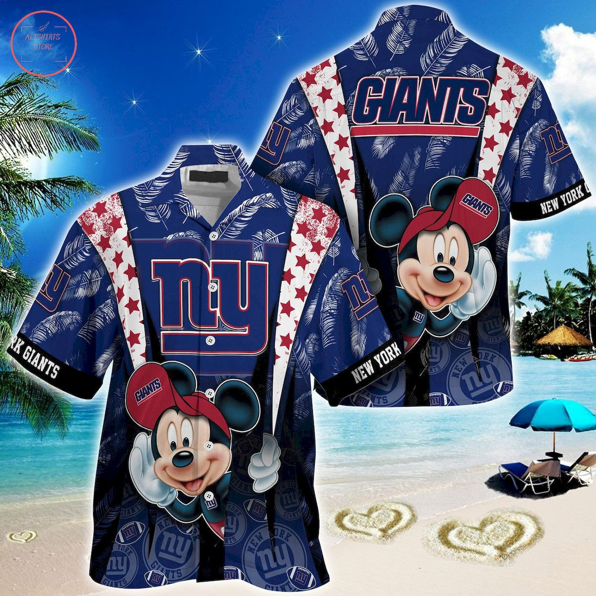 New York Giants Mickey Mouse Ball Hawaiian Shirt Tropical Aloha Button Up