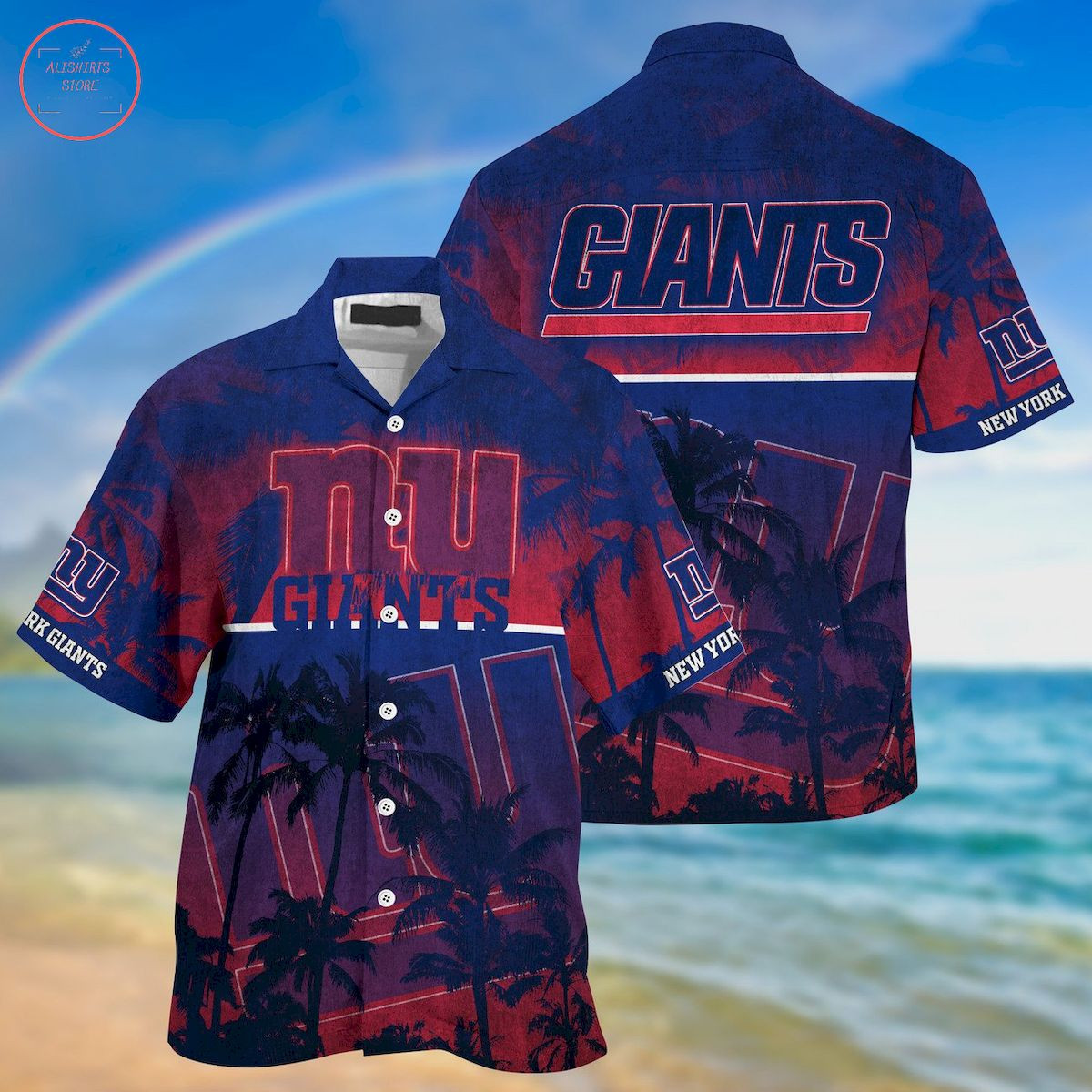 New York Giants Palm Hawaiian Shirt Tropical Aloha Button Up