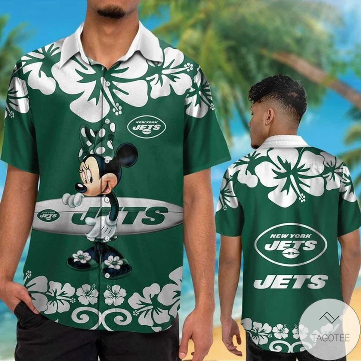 New York Jets & Minnie Mouse Hawaiian Shirt Tropical Aloha Button Up